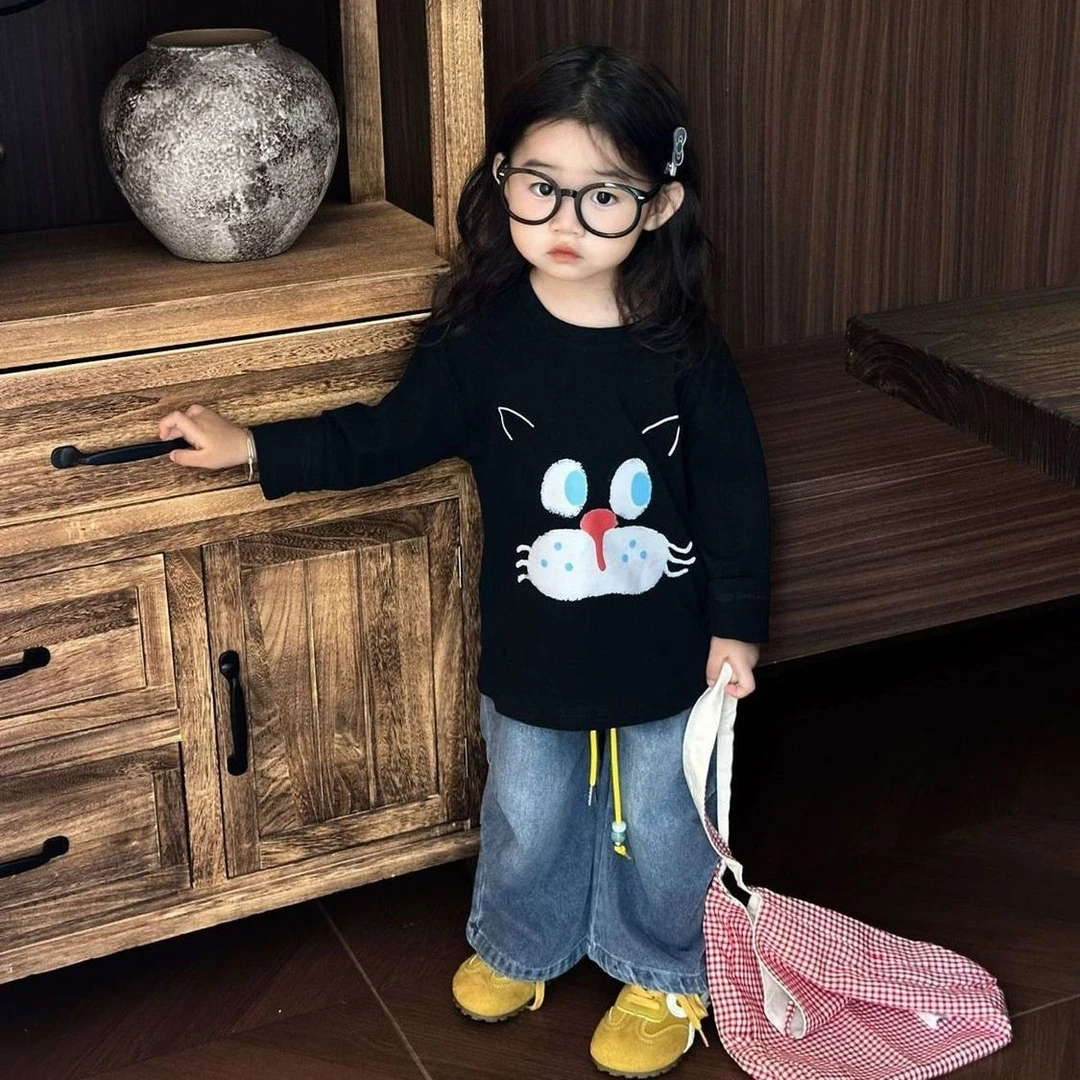 女童秋装可爱长袖卡通印花猫咪纯棉长袖打底儿童新款黑色T恤上衣