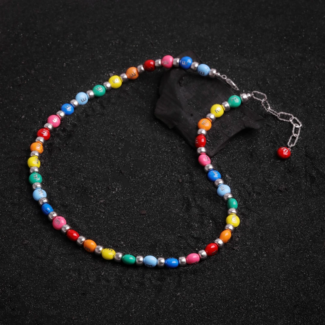 链子925银 N17587 彩色M豆豆串珠重工纯银项链多巴胺马卡龙锁骨链