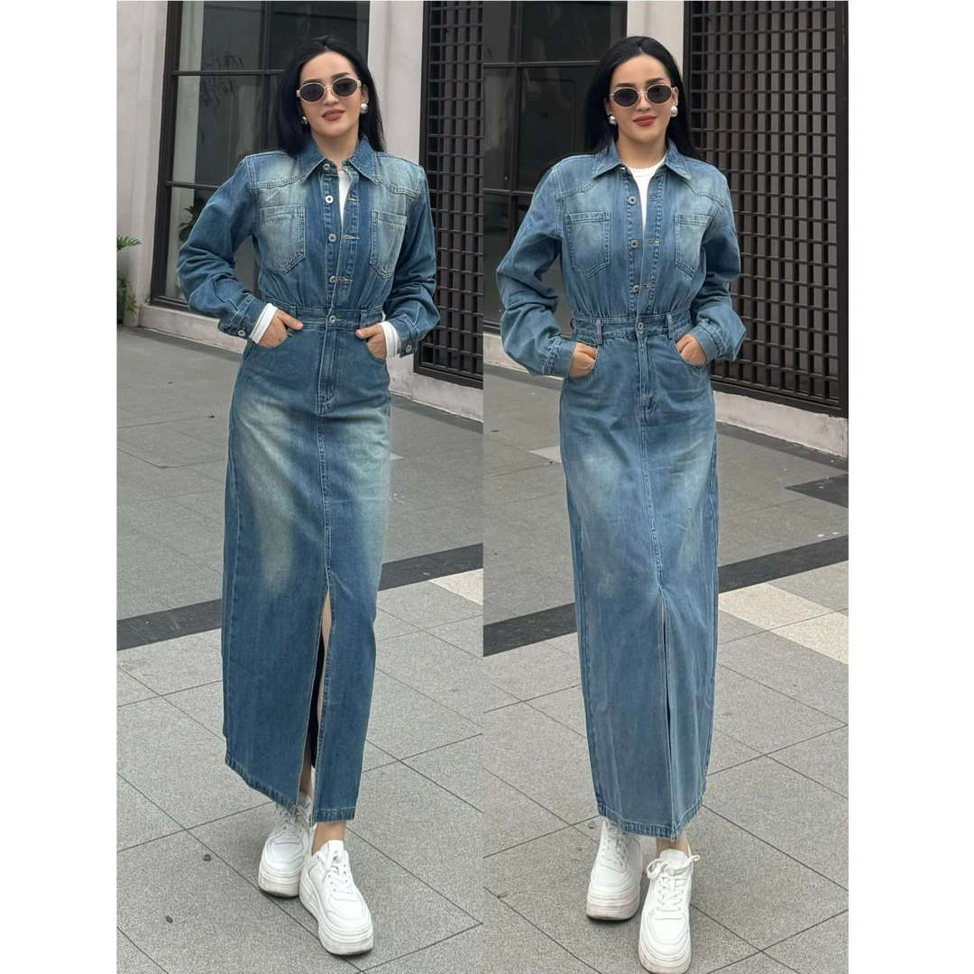 连衣裙丹宁风翻领中长款秋天裙子设计感秋季前后又开叉A11