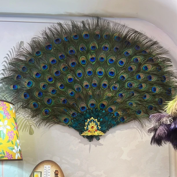 孔雀大号手工扇型真羽毛羽毛摆件扇客厅高档中式摆件