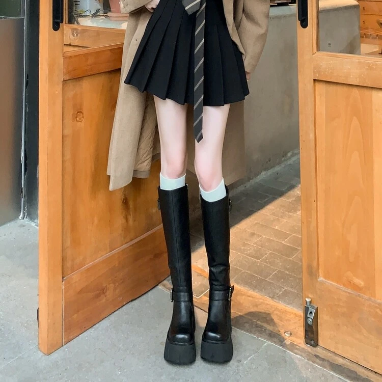 复古法式黑色厚底长筒靴女2025新款春秋季小个子显瘦增高骑士靴女