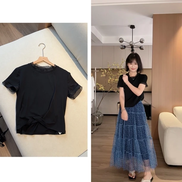大鱼定制 夏季新款花边拼接短袖T恤女设计感显瘦百搭上衣