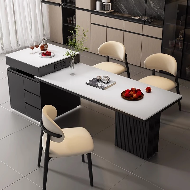 全实木岛台餐桌一体现代简约家用可伸缩岩板餐桌椅组合吃饭泡茶桌