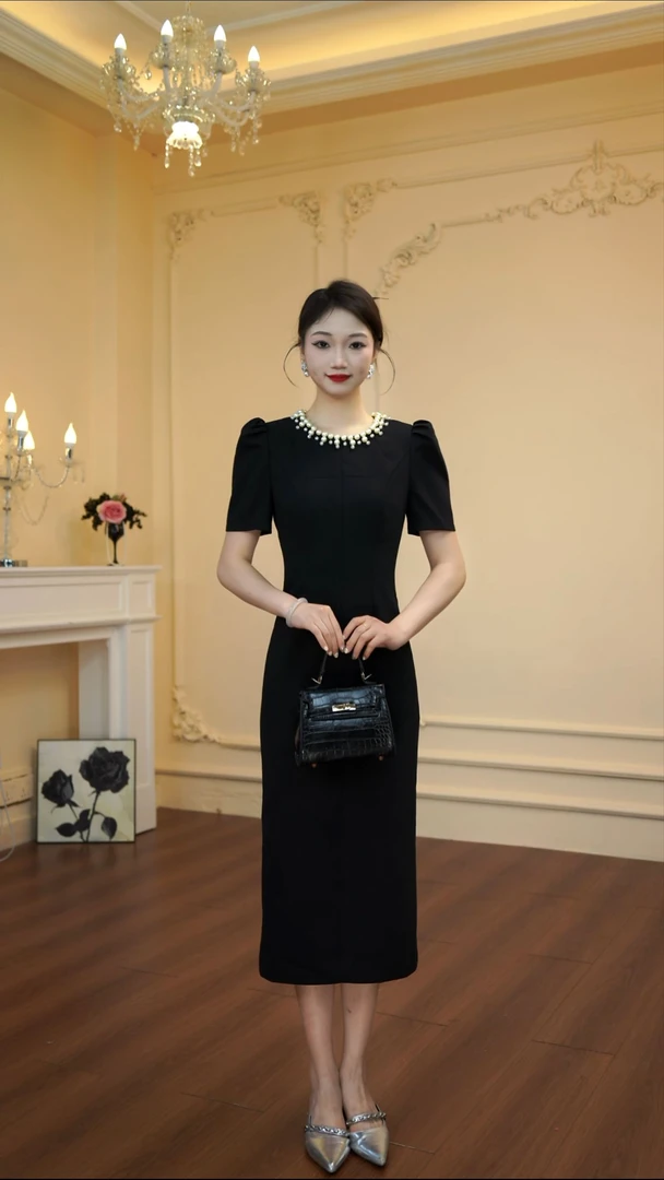 9009中长裙小黑裙短袖圆领法式连衣裙夏季晚礼服抹胸型修身裙子