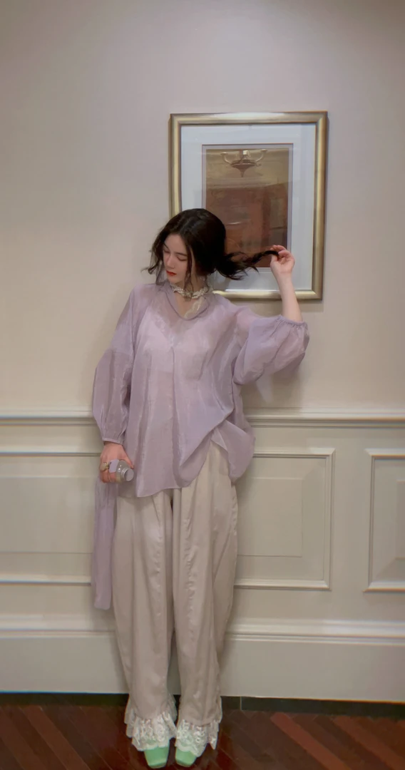 yanyan【轻轻紫】春款韩系温柔肌理感纯色小衫宽松慵懒感休闲上衣女