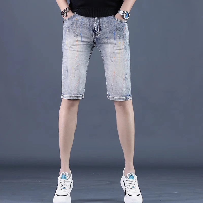 JJ夏季彩色泼墨刮痕石磨牛仔短裤男2025流行薄款修身弹力五分中裤