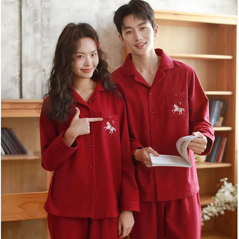 本命年秋冬情侣纯棉磨毛睡衣保暖翻领女士长袖长裤家居套装25941
