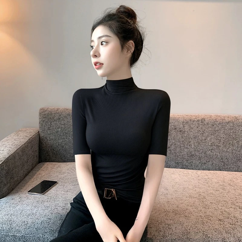 打底衫女夏季内搭修身中袖上衣洋气2025年新款轻熟风半高领打底衫