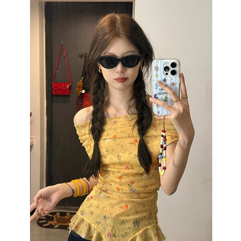 韩系一字肩碎花不规则飘带t恤女夏季修身设计感小众显瘦百搭上衣