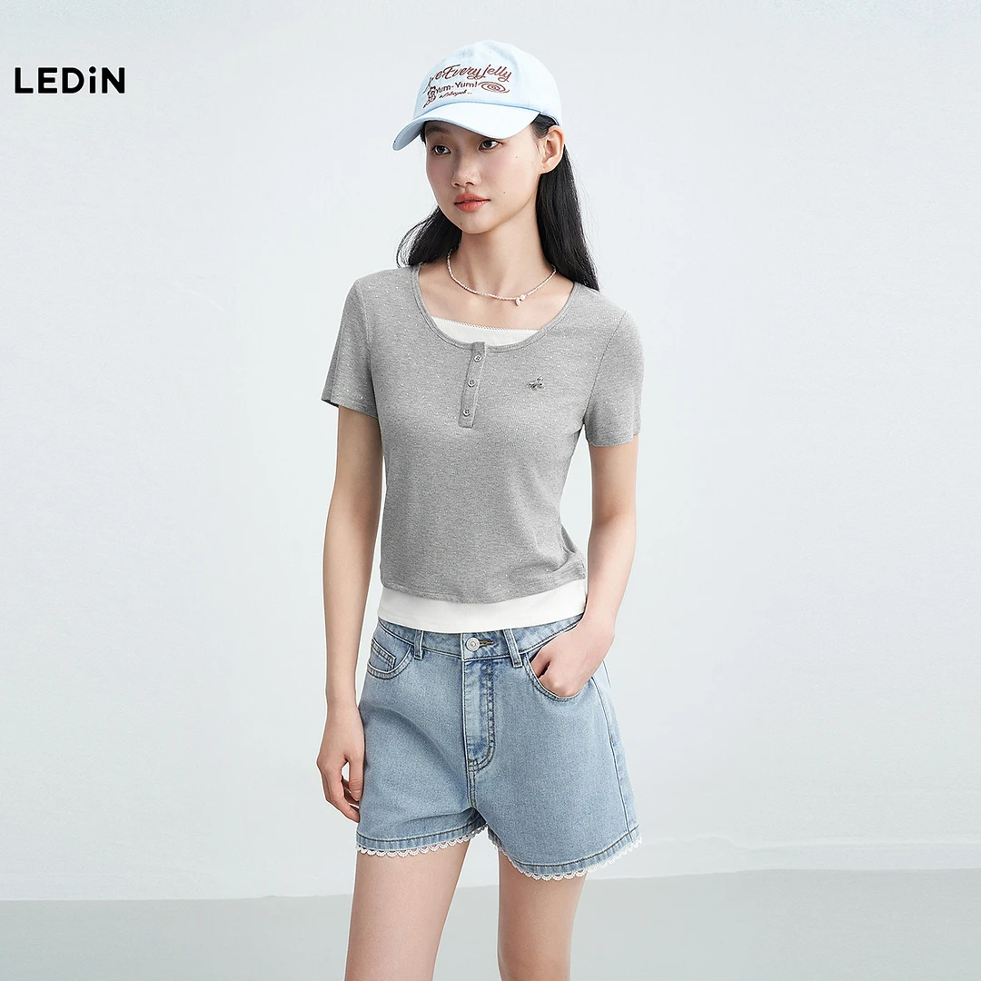 乐町撞色假两件短袖T恤2188