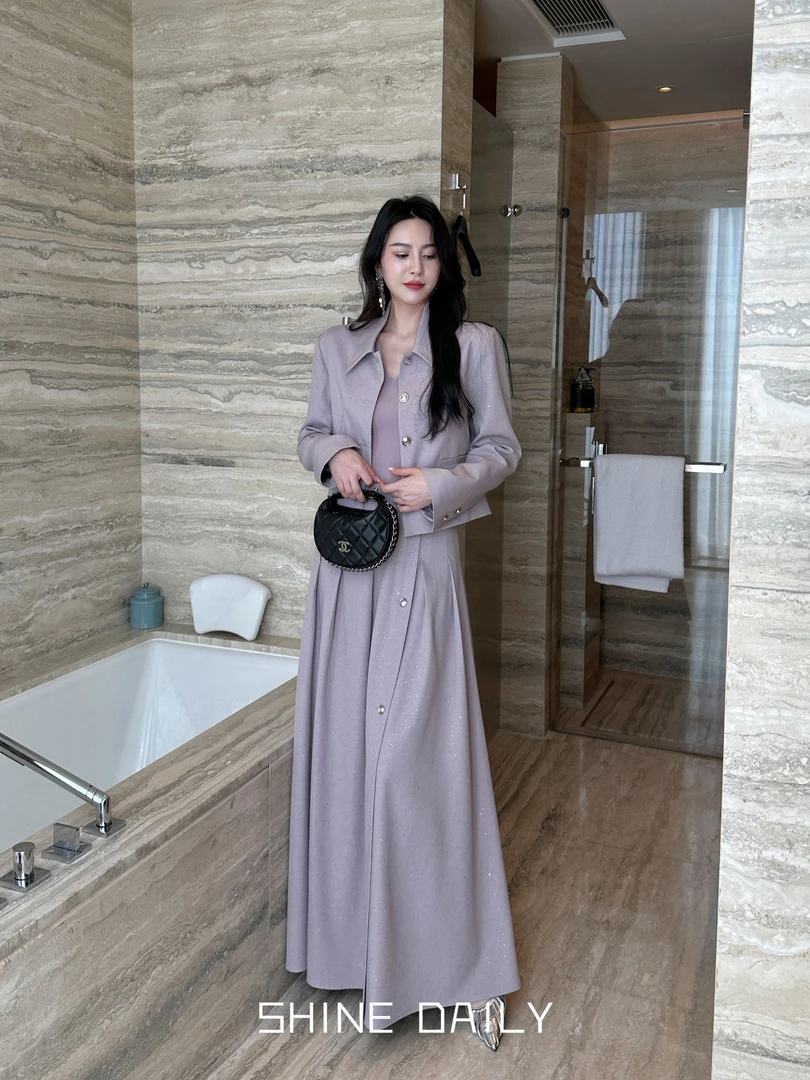 【九重紫】小香短外套女时髦洋气高腰百褶半身长裙套装两件套