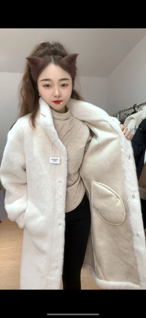 140-154小个子冬季皮毛一体大衣立领中长款休闲加厚保暖毛毛大衣