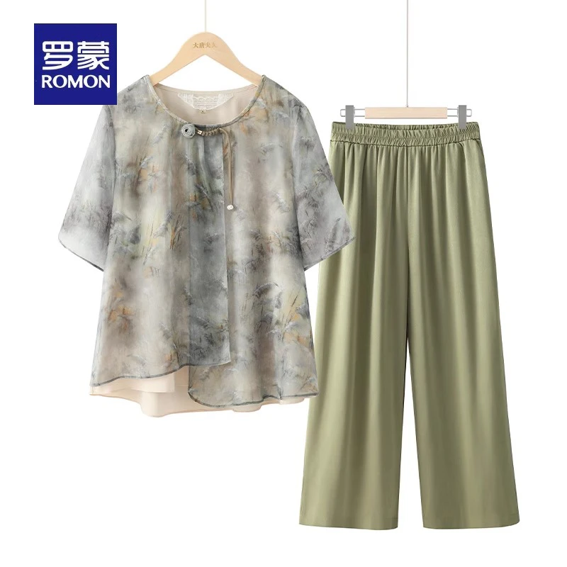罗蒙妈妈夏季2025新款国风雪纺套装中老年女士短袖上衣服端庄大气
