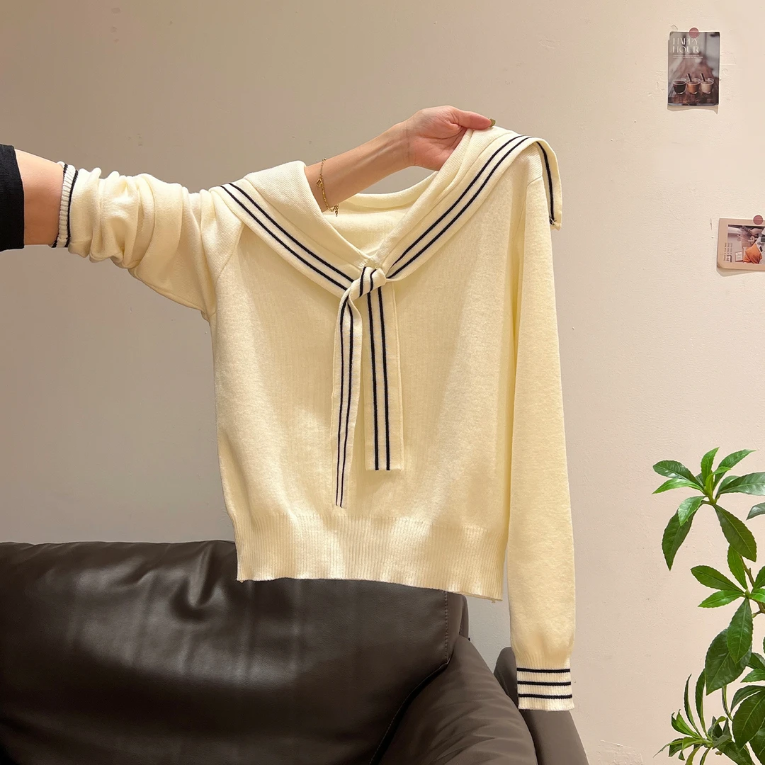 杏色海军领长袖针织衫女2025秋季新款撞色拼接高级感显瘦上衣