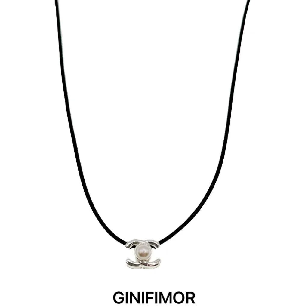 GINIFIMOR 非金属皮质项链 a649 黑色皮绳字母仿珍珠项链百搭颈链