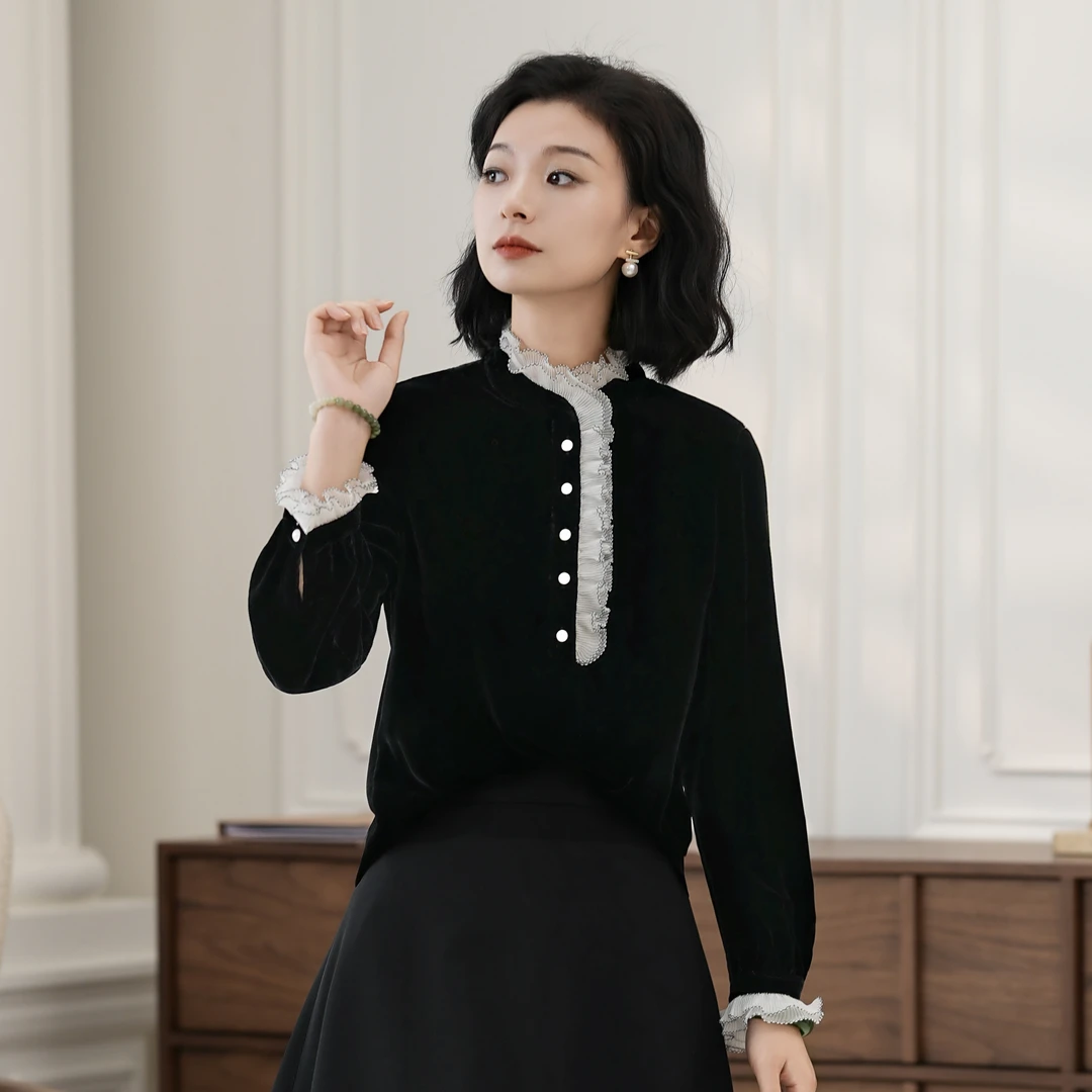 西子/【摩登丽人】进口丝绒法式优雅拉夫领黑色上衣/SYTJ502