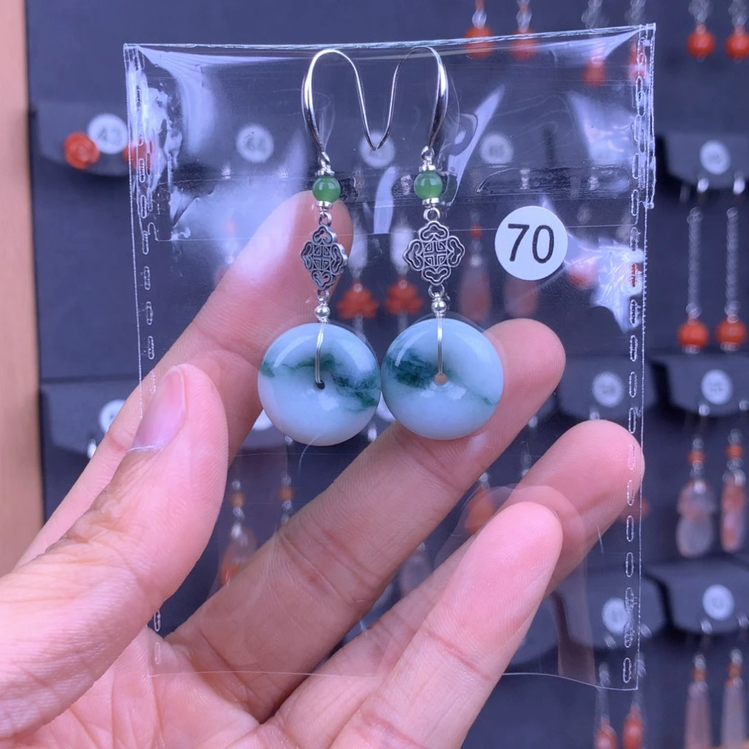 翡翠耳饰银S925镶嵌伊*