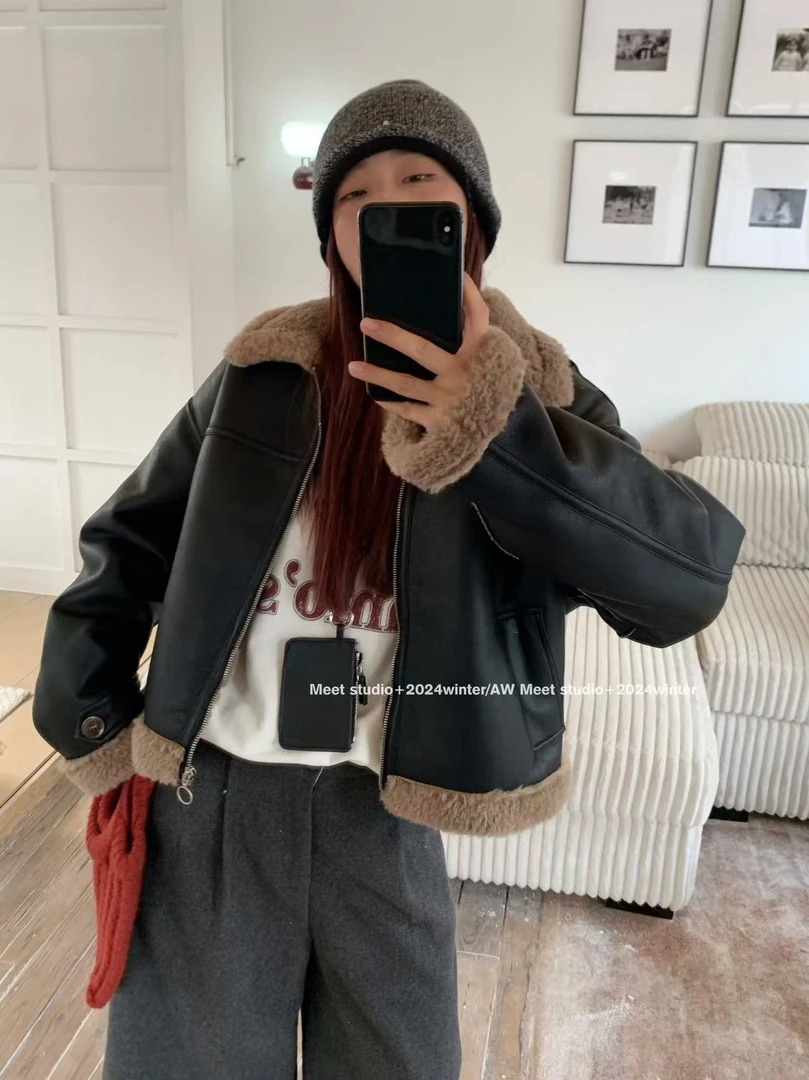 ME#59963冬季福利内里羊羔毛拉链皮外套，衣长：53cm