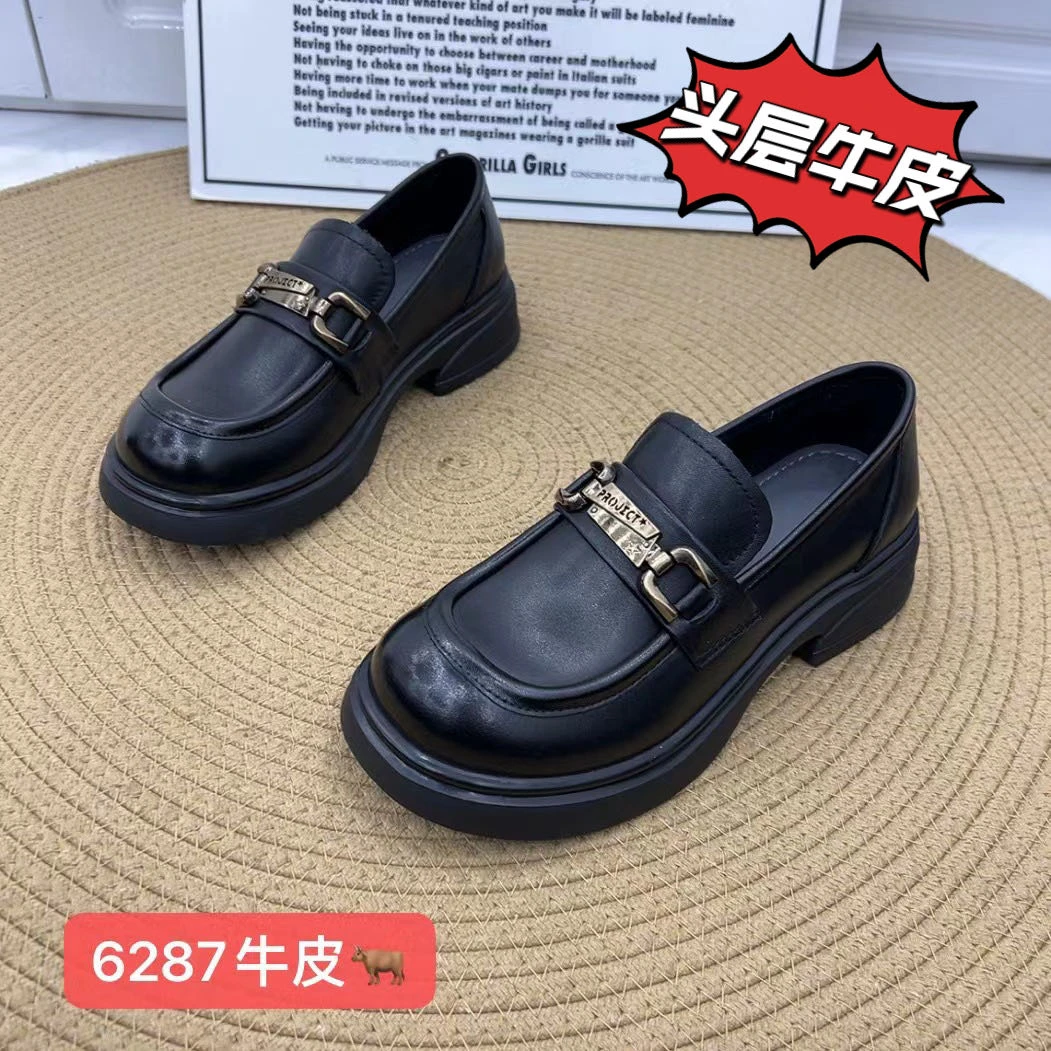 6287新款广州牛皮厚底软底春秋单鞋英伦风一脚蹬女鞋