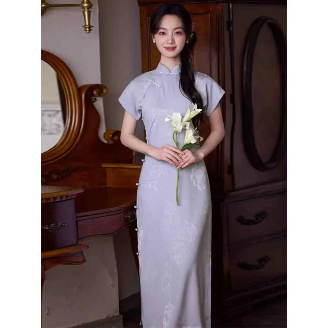 【D76】2025夏季新款新中式紫色改良年轻款国风旗袍裙日常可穿