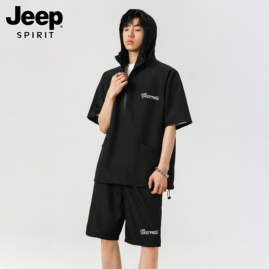 吉普时尚男装户外休闲套装2025新款连帽短袖短裤一整套少年感穿搭