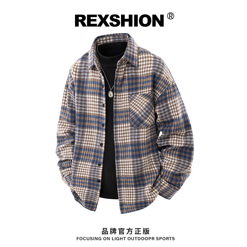 REXSHION秋季新款翻领格子长袖衬衫男韩系风潮流休闲宽松百搭外套