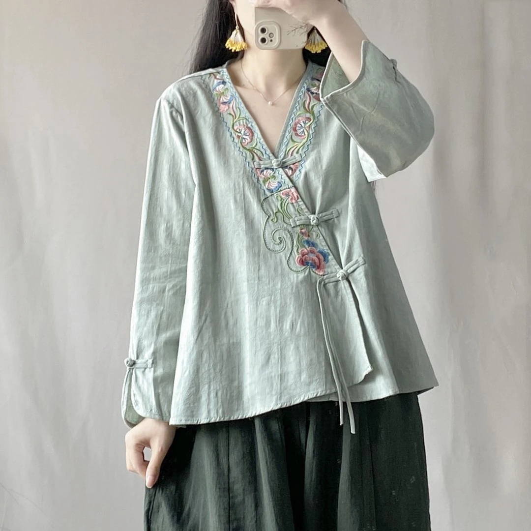 复古盘扣新中式刺绣棉麻衬衫改良汉服女春夏季茶服小开衫短款上衣