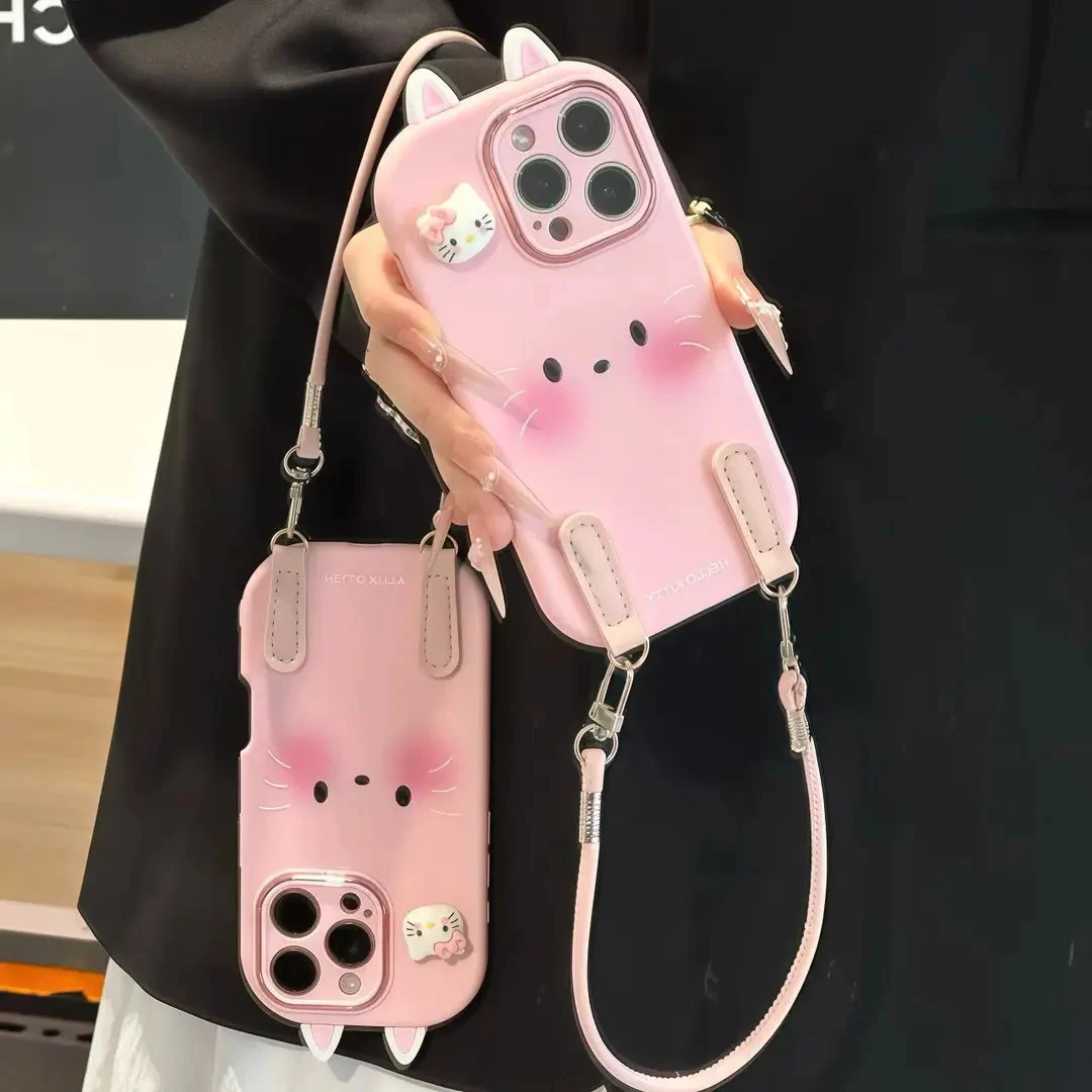 可爱猫表情挂绳适用苹果17/16pro手机壳华为p80vivo小米15oppo女