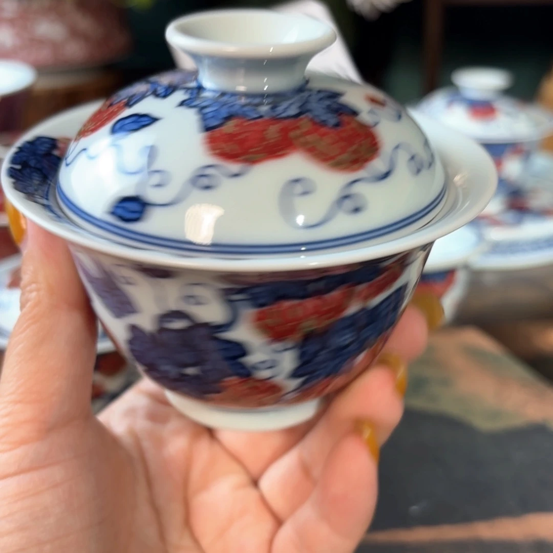 瓷青花手绘西瓜盖碗