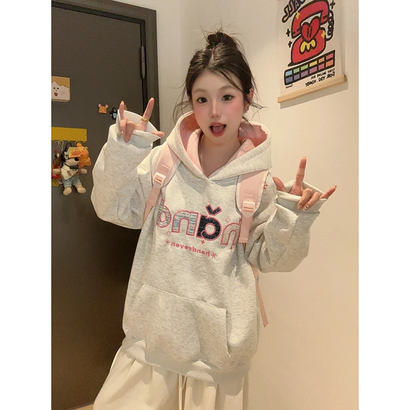 HandSeven美式复古贴布绣字母重磅连帽卫衣秋冬情侣宽松重磅上衣