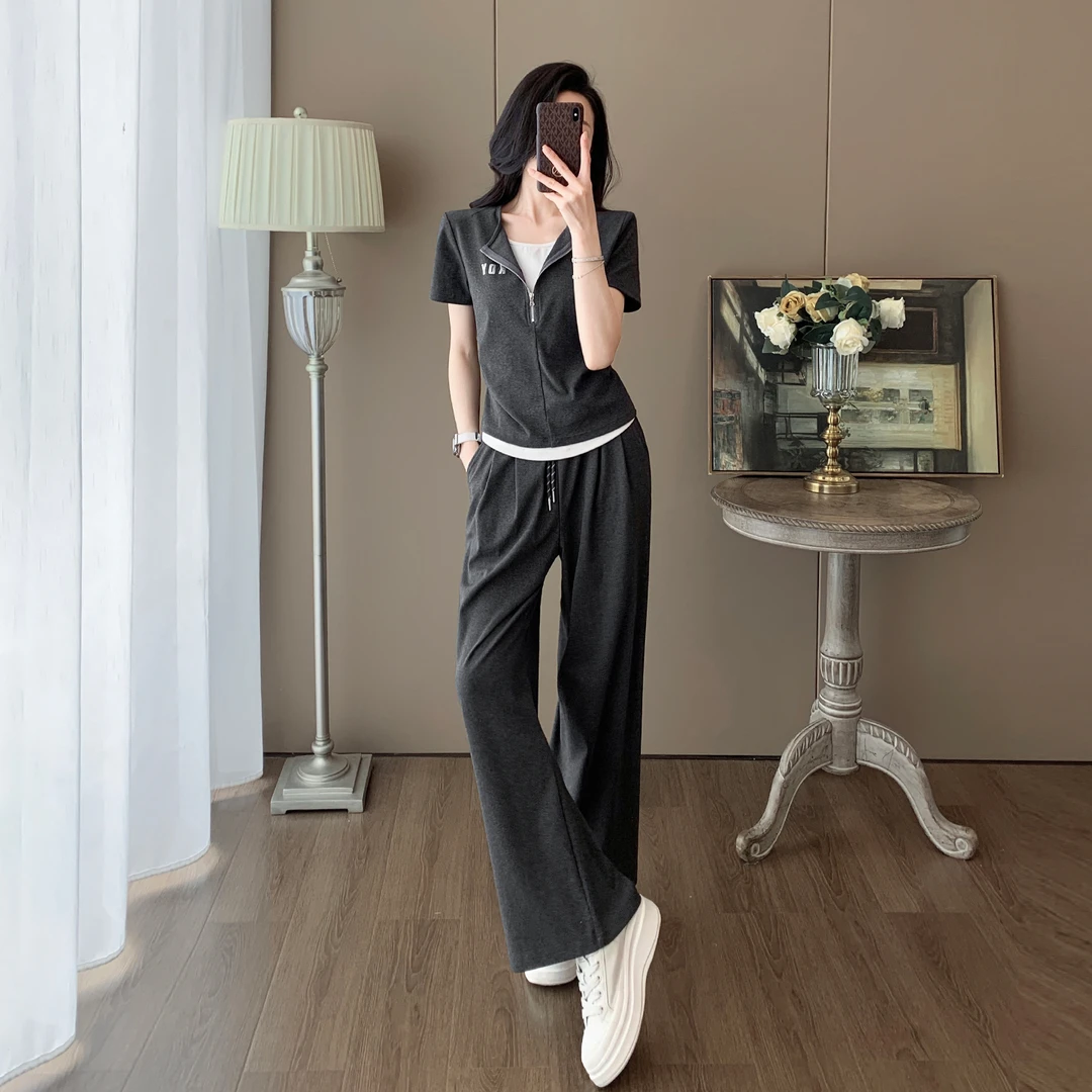 灰色休闲时尚套装女夏季显瘦减龄洋气运动假两件短袖阔腿裤两件套