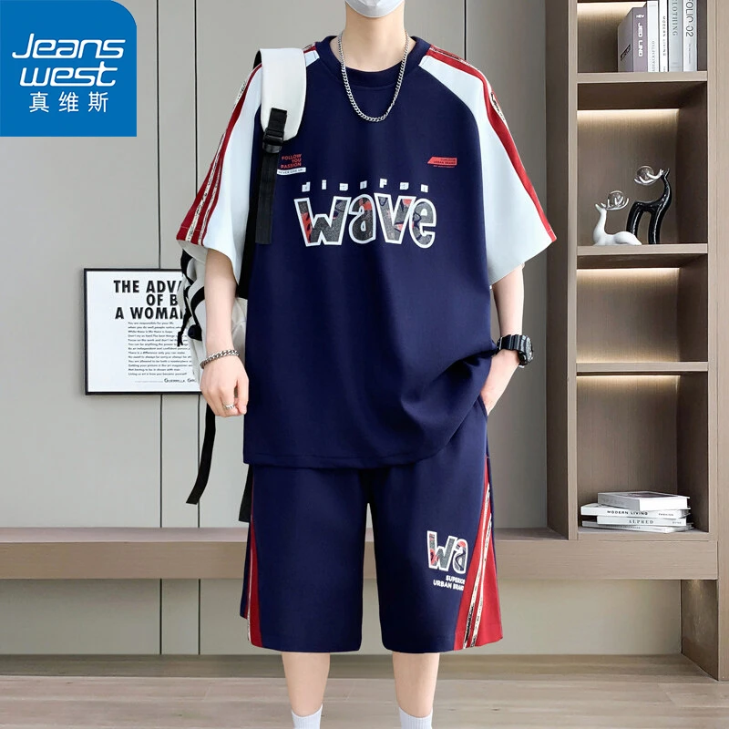 Jeanswest/真维斯夏季男士套装短袖短裤休闲运动T恤青少年两件套