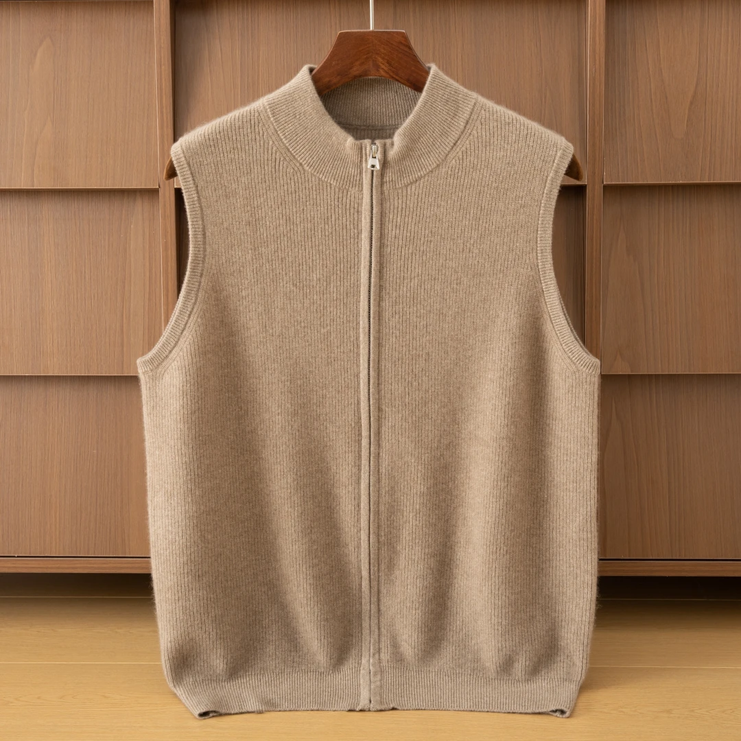 男士纯山羊绒半高领拉链马甲
