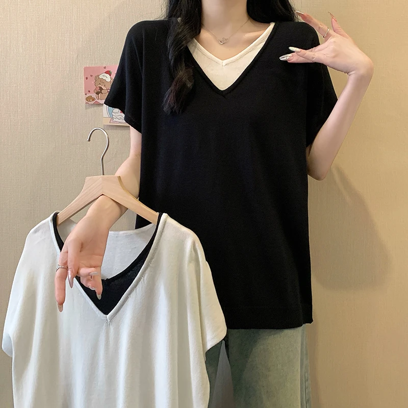 3919大码女装2025夏装新款宽松显瘦针织上衣胖mm百搭冰丝短袖T恤
