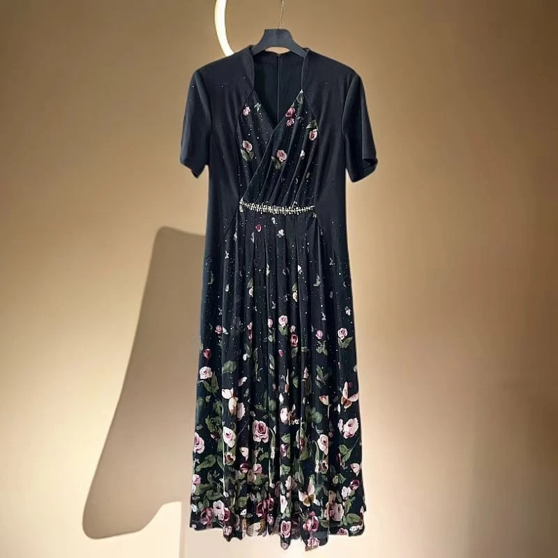 258009设计师气质优雅新款时尚显瘦百搭洋气连衣裙轻奢中长款