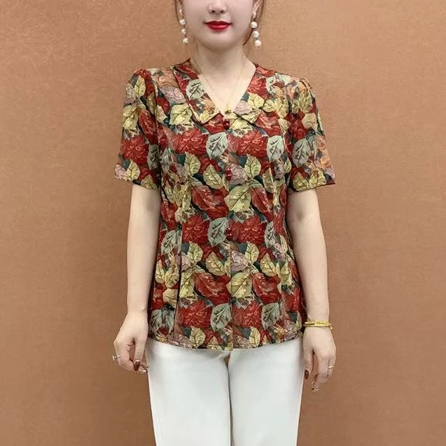 2025夏季新款翻领印花短袖上衣中老年妈妈装遮肚显瘦百搭衬衫