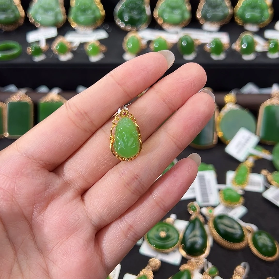 和田玉（碧玉）18K金镶嵌吊坠(不含链)苹果绿貔貅15mm