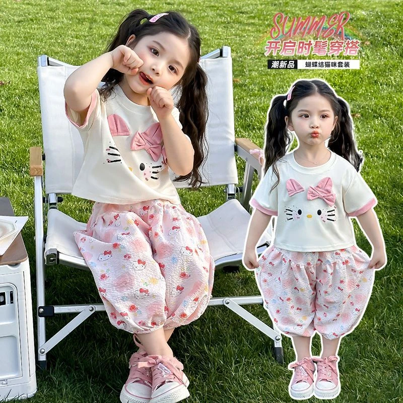 上衣夏季可爱卡通网红女童薄款夏装女洋气套装时髦卡通动漫