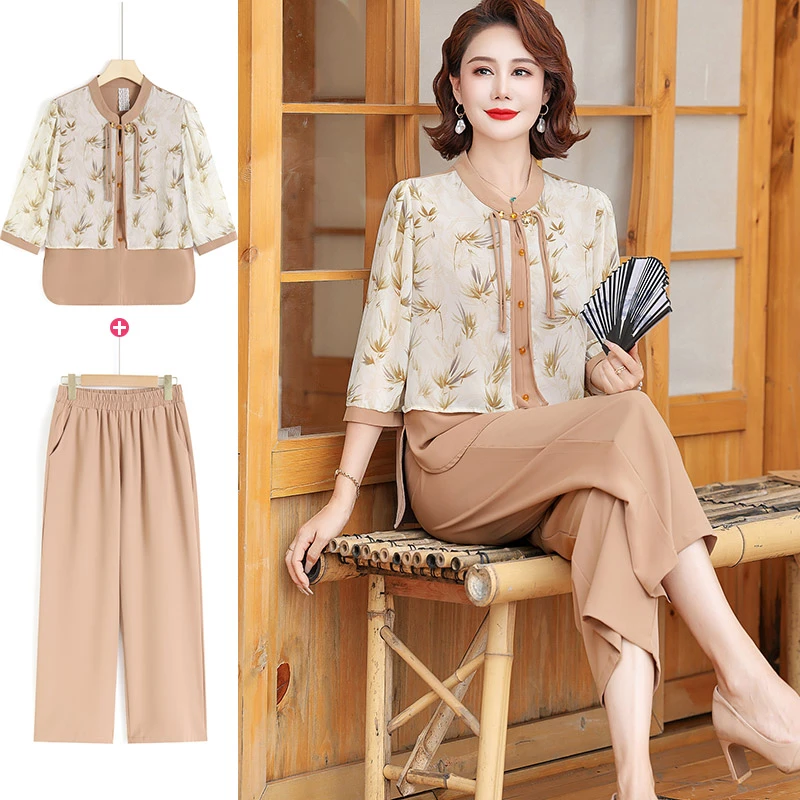 妈妈装夏装套装雪纺小衫母亲洋气新中式中老年女装夏季短袖衣服装