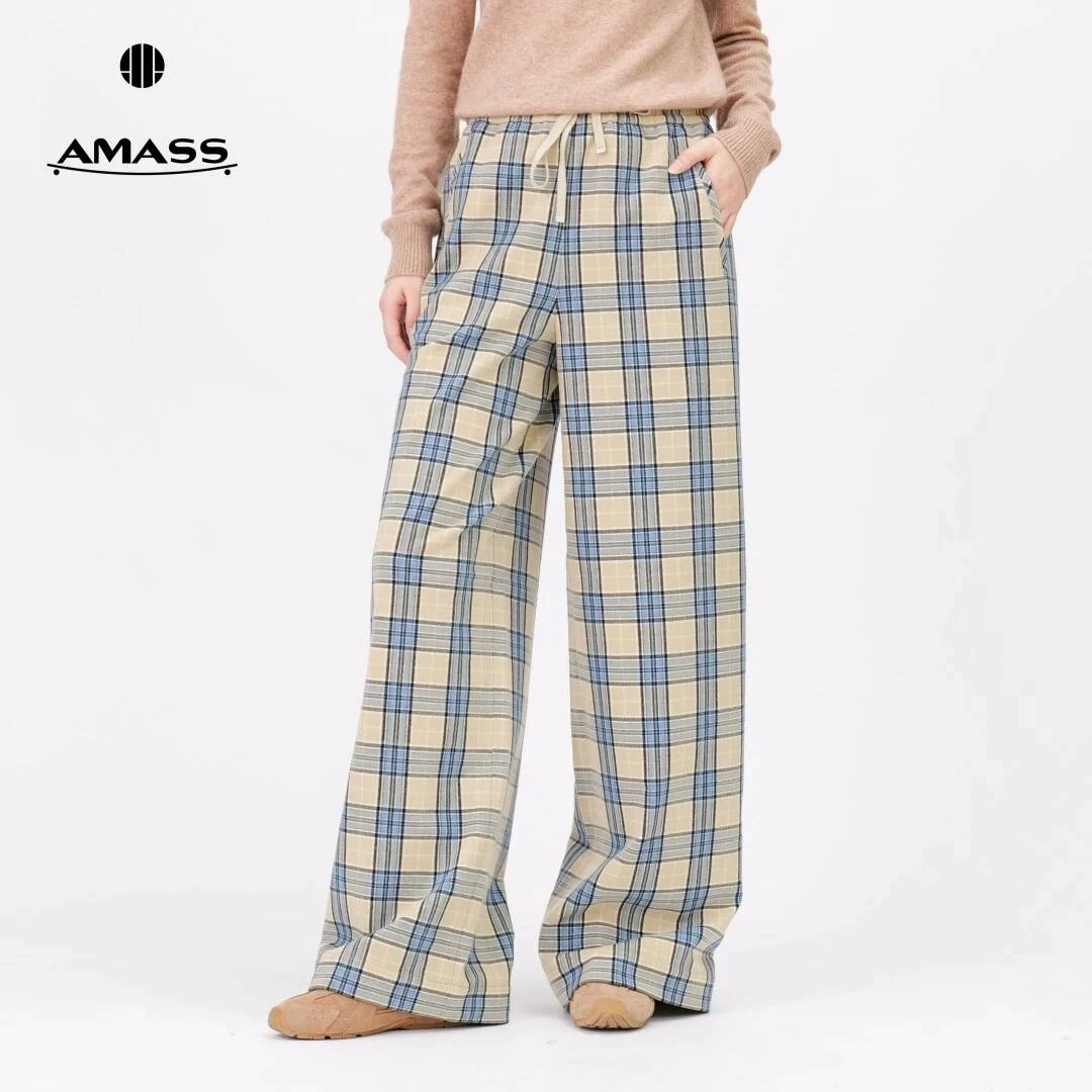 AMASS/阿玛施秋冬经典格纹复古时尚磨毛高腰抽绳阔腿裤5100552