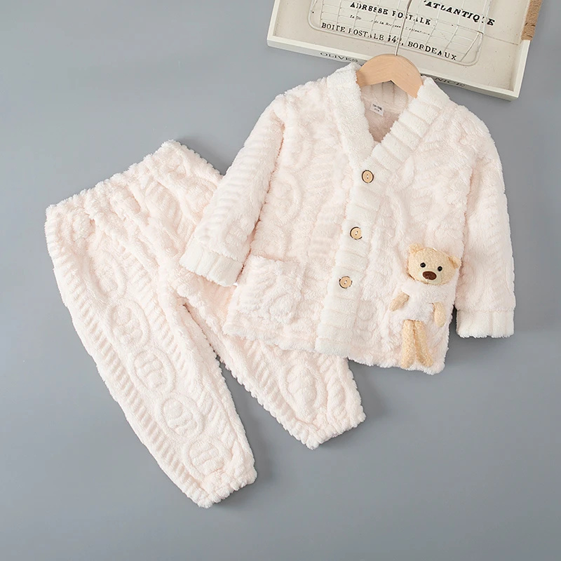 秋冬季儿童法兰绒睡衣男孩小孩加厚女童男童珊瑚绒宝宝家居服套装