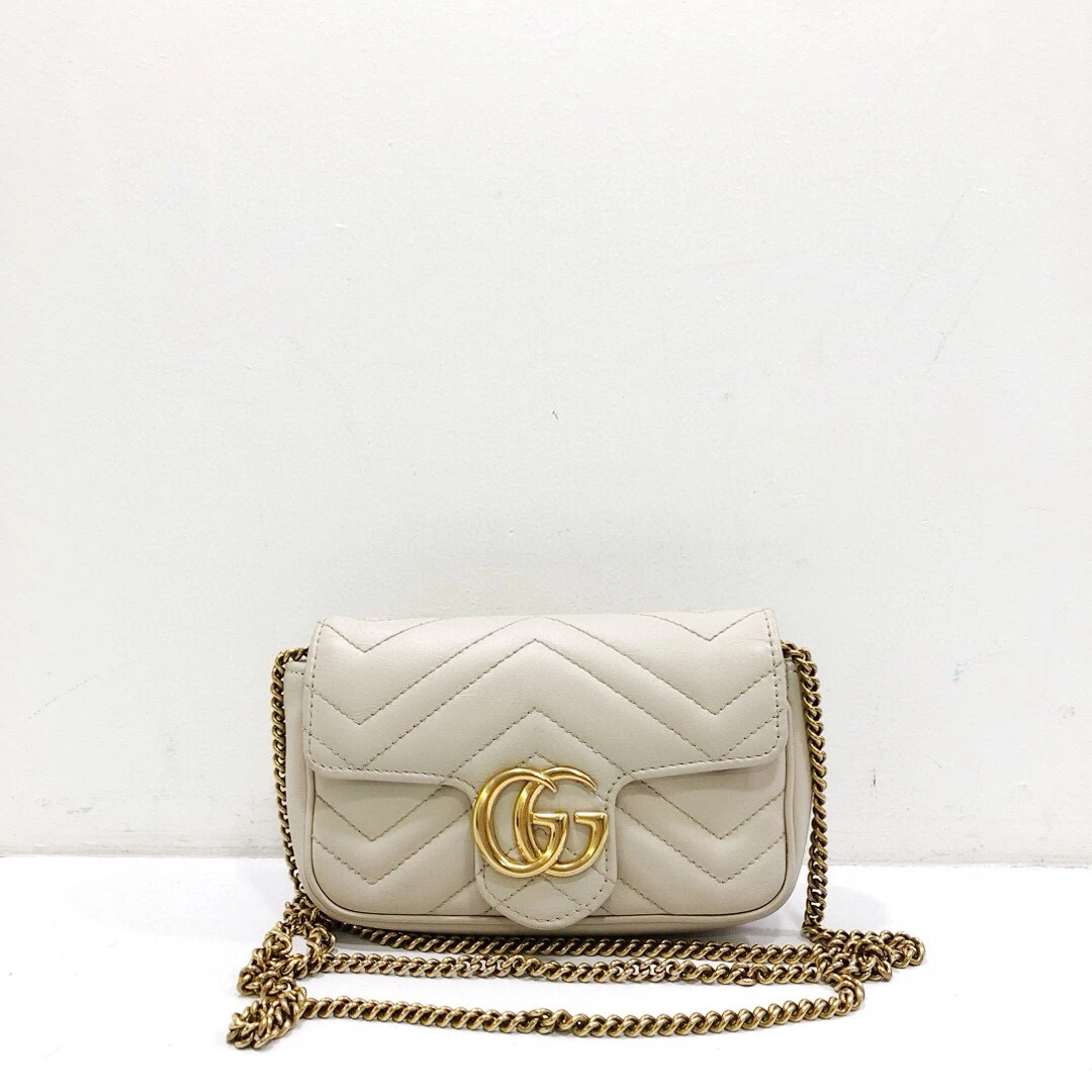 95新 GUCCI/古驰 米白色全皮双G扣马尔蒙mini链条包