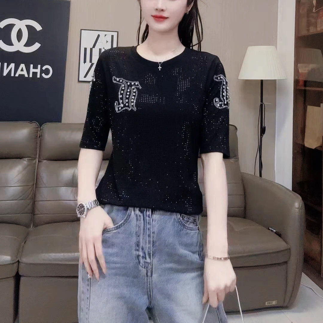 【合肥欢欢】712157#欧货时尚重工钉珠烫钻修身大码显瘦短袖T恤女潮