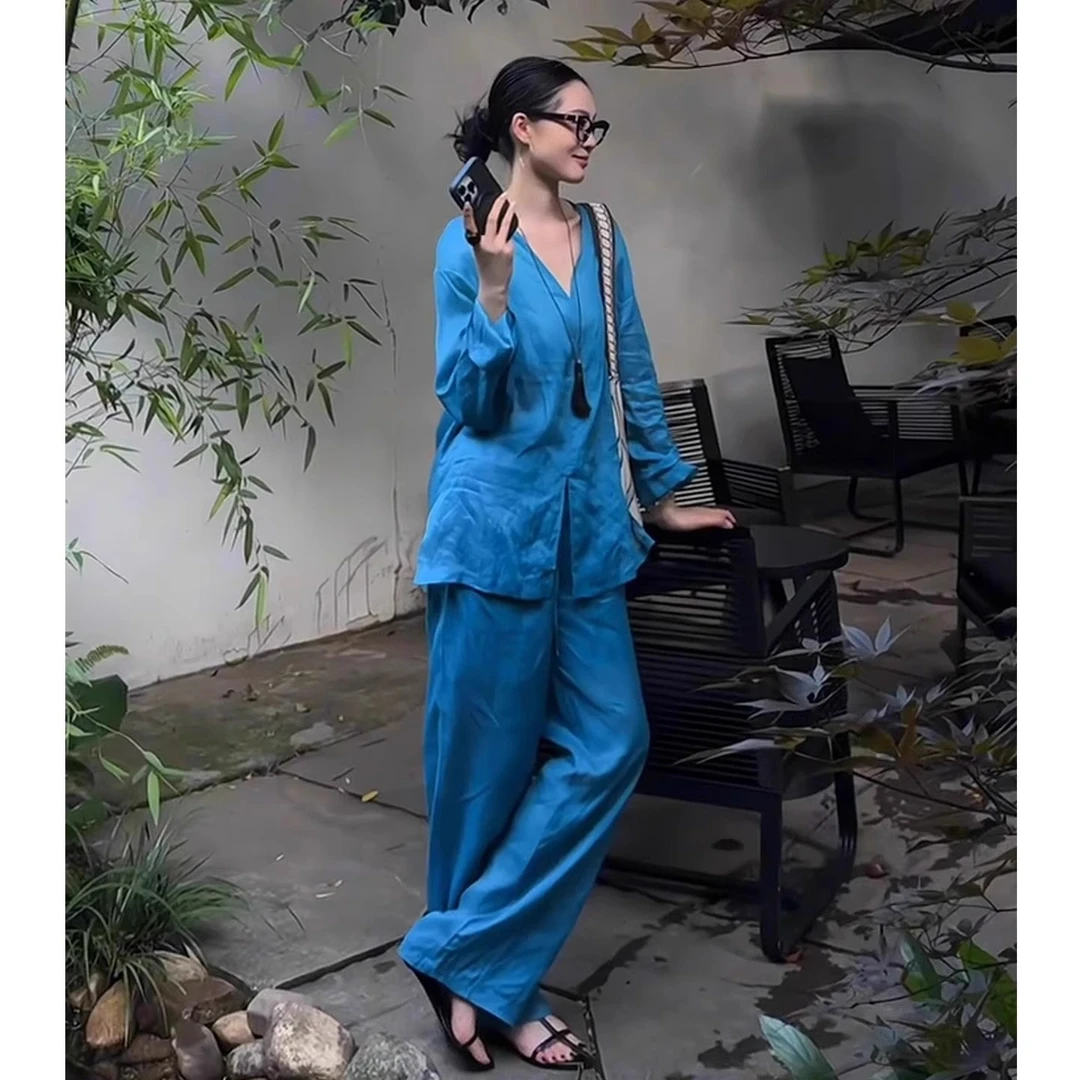 贵气感老钱风亚麻衬衫套装初秋慵懒宽松V领棉麻上衣休闲裤两件套