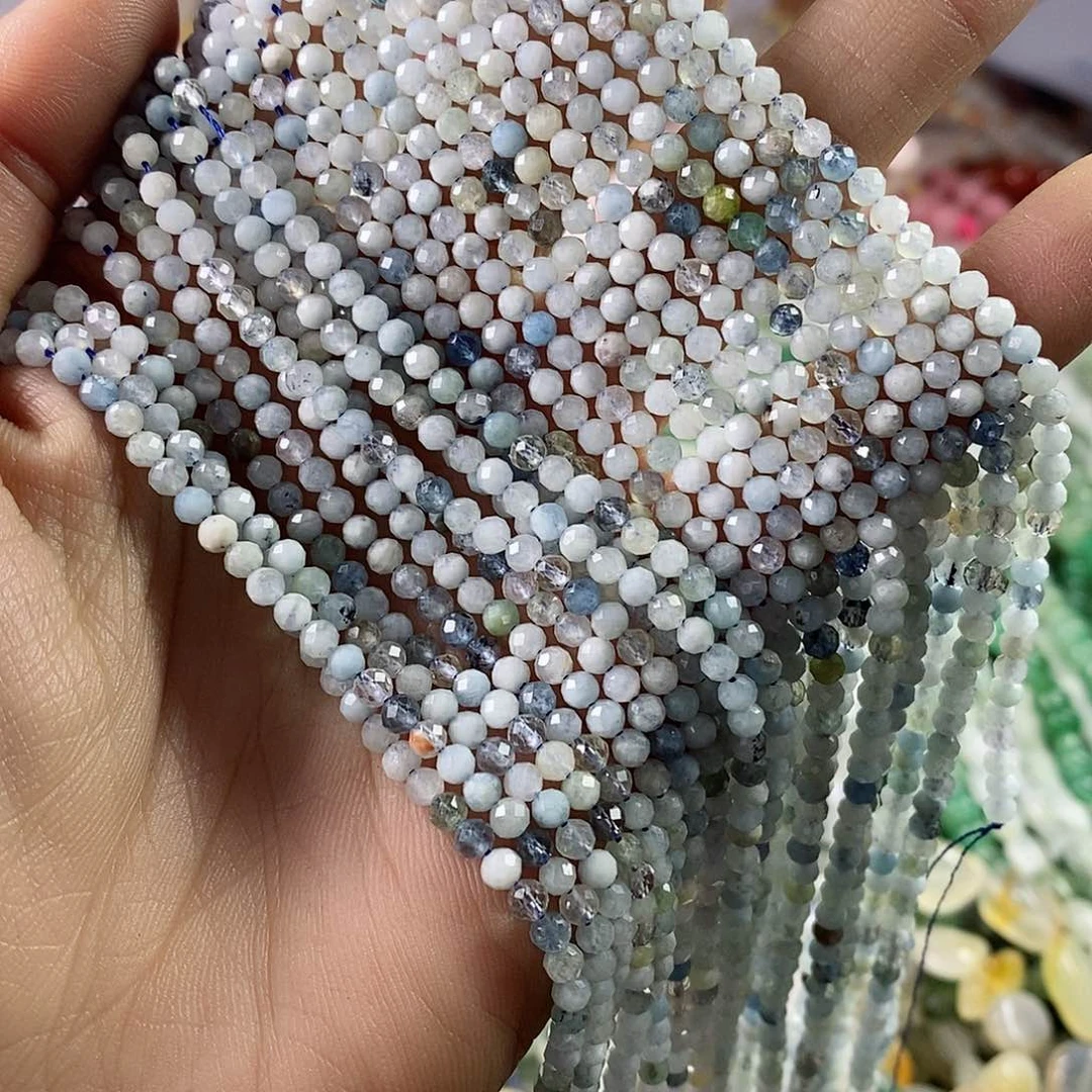 玛瑙/玉髓珠宝半成品合金一条天然3.2mm海蓝宝切面圆珠