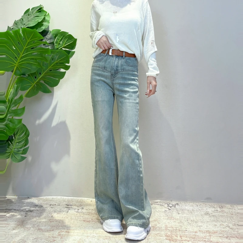 迪否高腰镶钻牛仔裤子女款爆款夏季新品2025时尚气质百搭阔腿裤