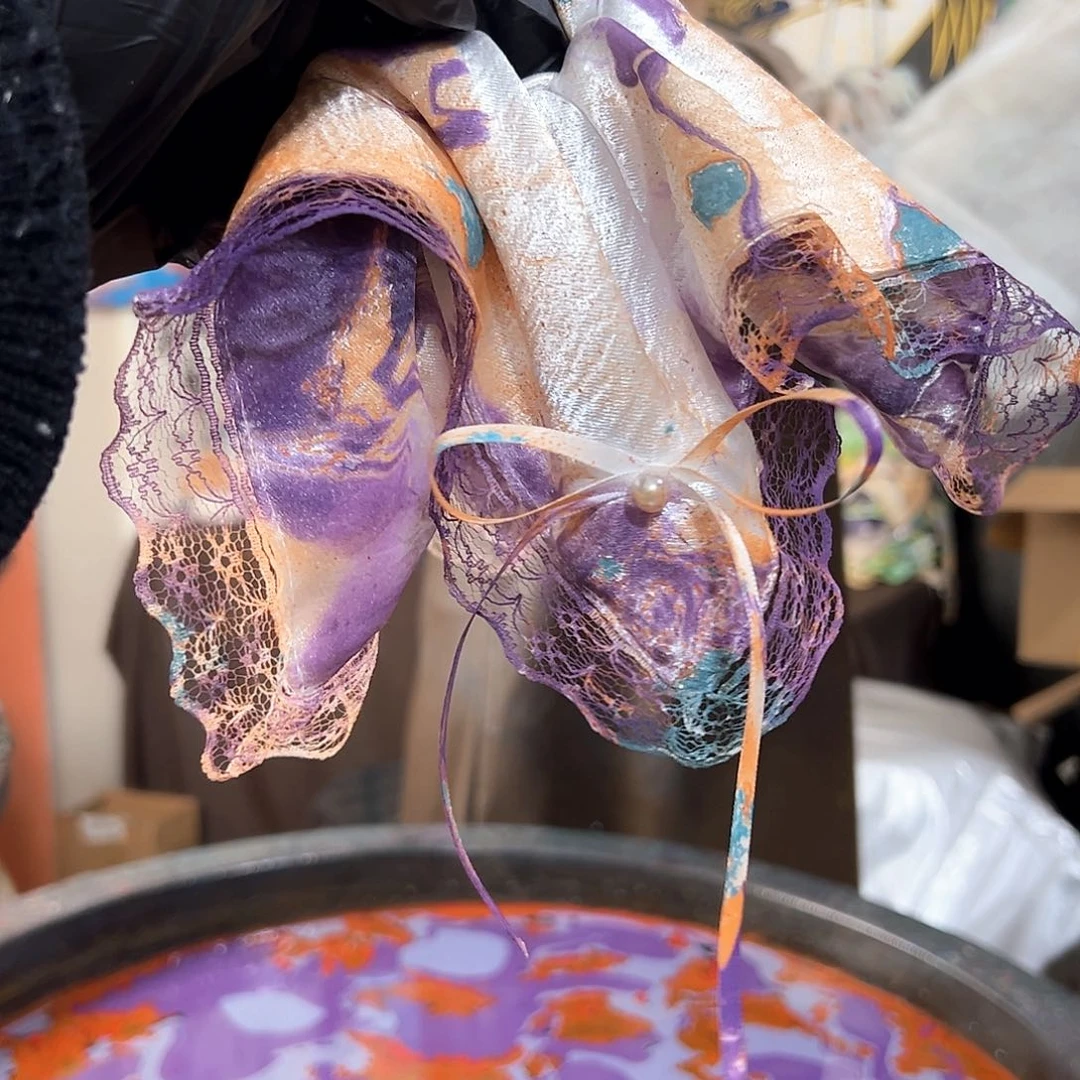 585蕾丝方巾发圈橙紫烟霞