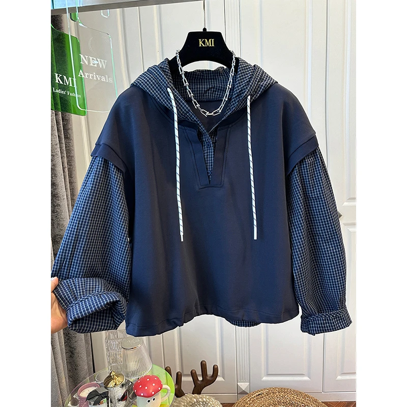 胖mm240斤大码独特巨好看连帽拼接格子假两件卫衣女秋季新款上衣