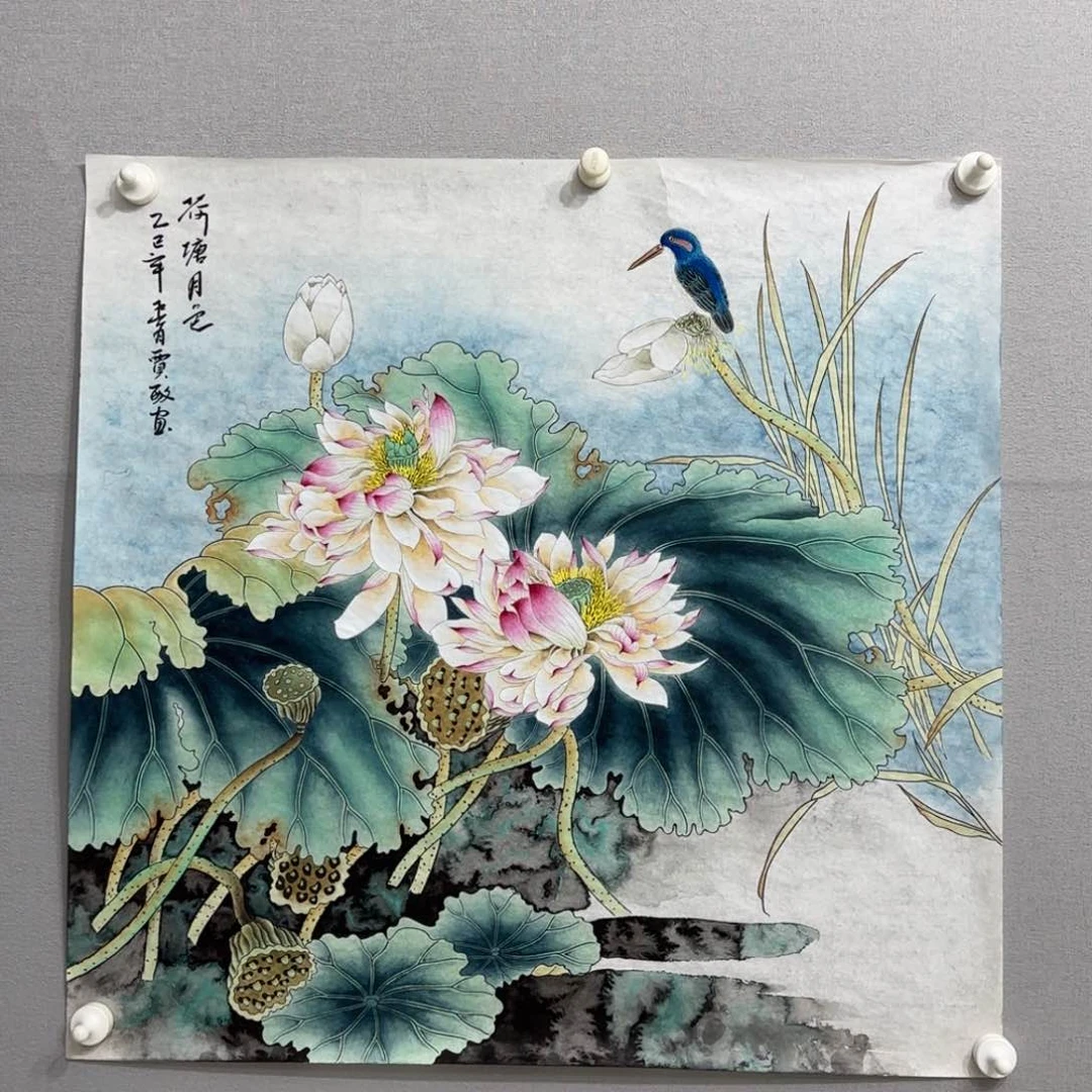 国画工笔荷花斗方贾敏