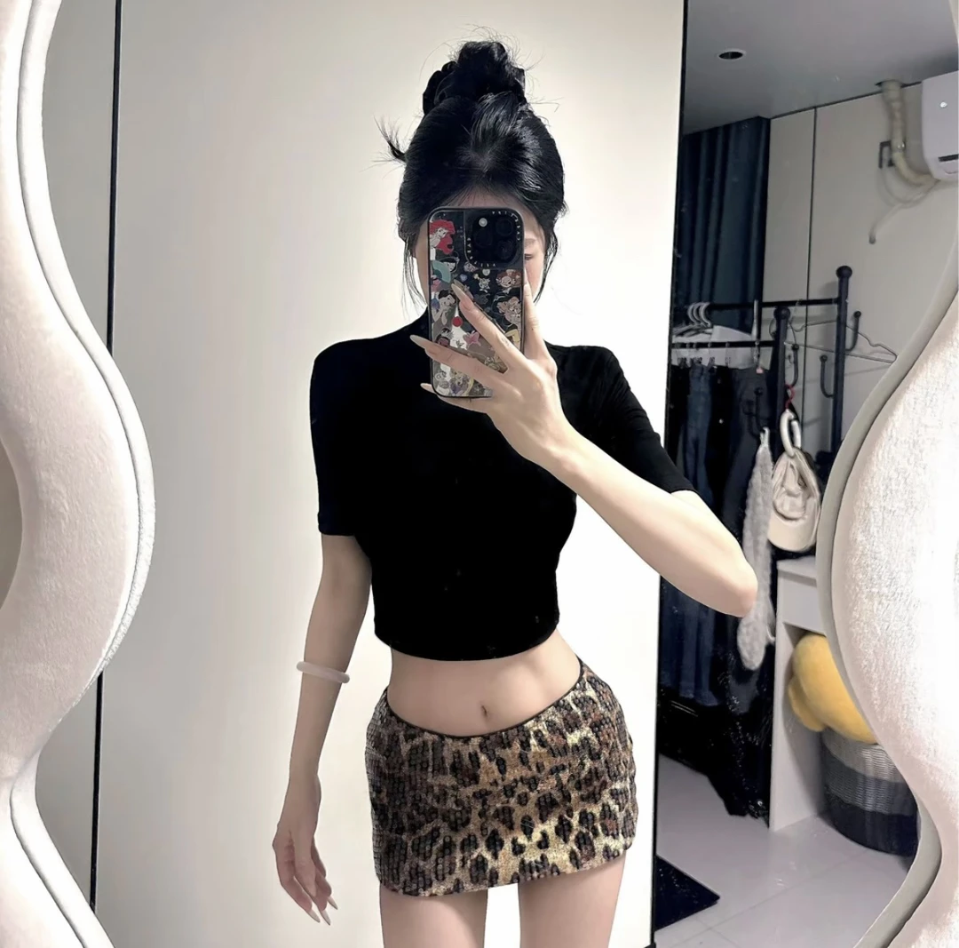 【无定义】中袖露腰修身上衣+豹纹短裙套装时尚气质女夏